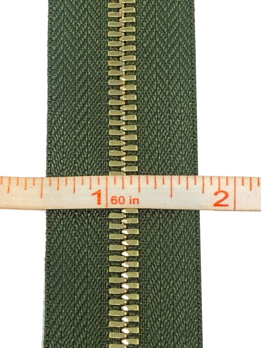 Glossy 5MM One-Way Separating Open Bottom Zipper, Olive Green/Gold | 4 Inch to 28 Inch Length