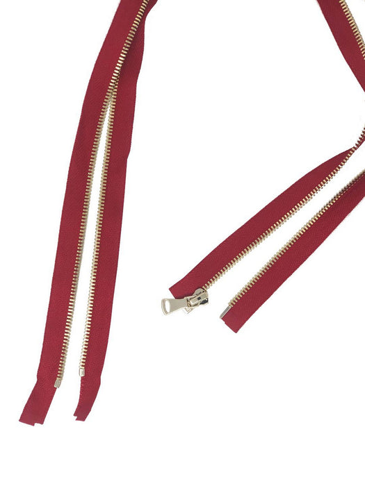 Glossy 5MM One-Way Separating Open Bottom Zipper, Red/Gold | 4 Inch to 28 Inch Length