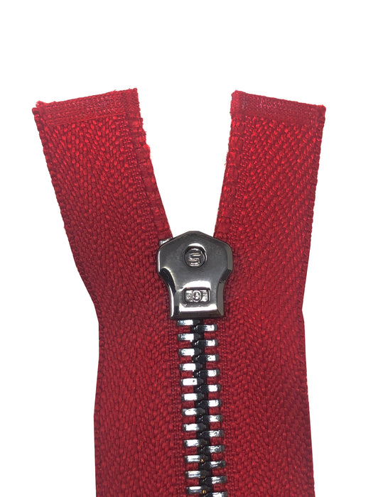 Glossy 5MM or 8MM One-Way Separating Open Bottom Zipper, Red/Gun Metal | 4 Inch to 28 Inch Length