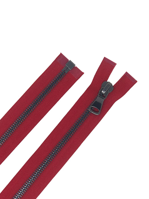 Glossy 5MM or 8MM One-Way Separating Open Bottom Zipper, Red/Gun Metal | 4 Inch to 28 Inch Length