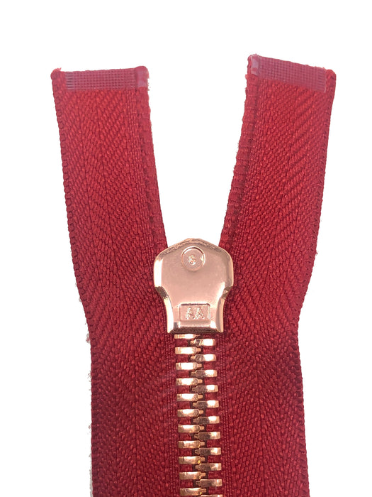 Glossy 8MM One-Way Separating Open Bottom Zipper, Red/Rose Gold | 4 Inch to 28 Inch Length