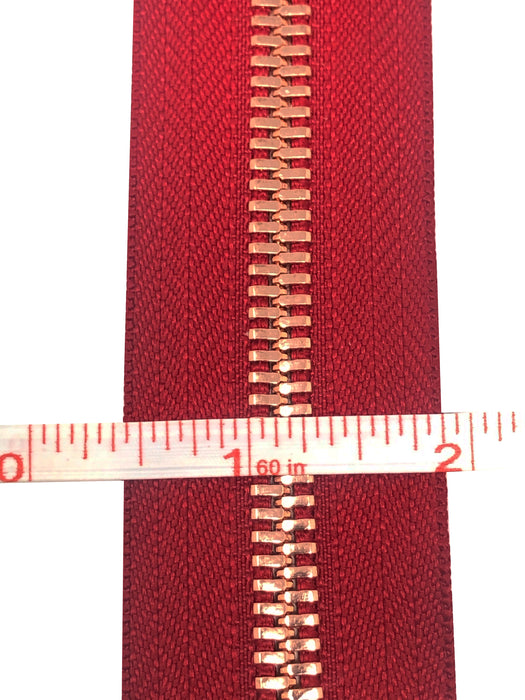 Glossy 8MM One-Way Separating Open Bottom Zipper, Red/Rose Gold | 4 Inch to 28 Inch Length
