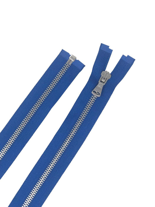 Glossy 5MM One-Way Separating Open Bottom Zipper, Royal Blue/Silver | 4 Inch to 28 Inch Length
