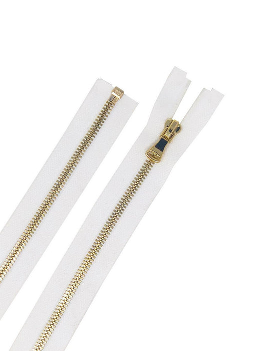 Glossy 5MM One-Way Separating Open Bottom Zipper, White/Gold | 4 Inch to 28 Inch Length