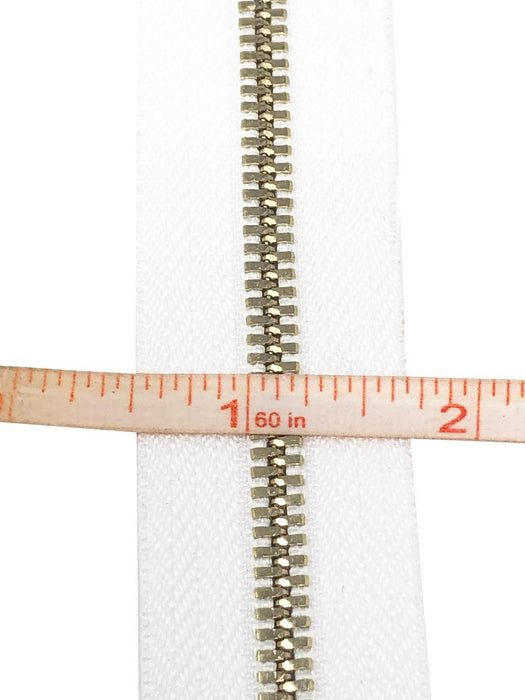 Glossy 5MM One-Way Separating Open Bottom Zipper, White/Gold | 4 Inch to 28 Inch Length