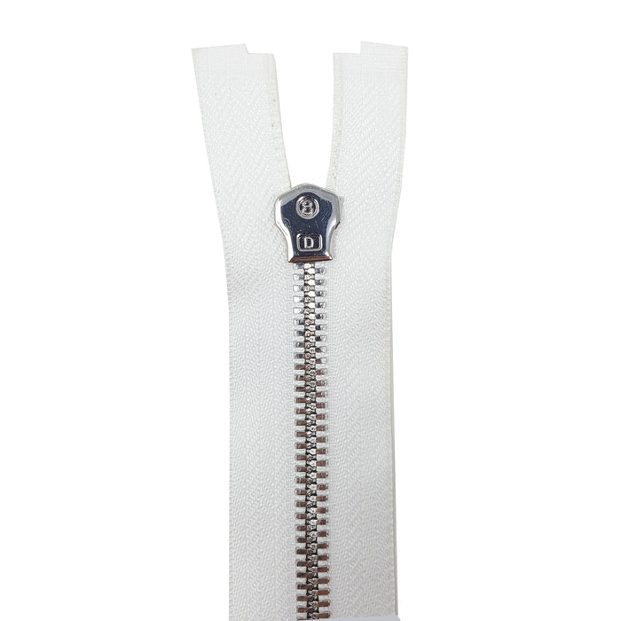 Glossy 8MM One-Way Separating Open Bottom Zipper, White/Silver | 4 Inch to 28 Inch Length