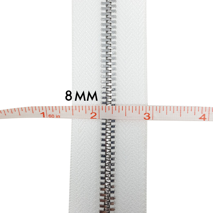 Glossy 8MM One-Way Separating Open Bottom Zipper, White/Silver | 4 Inch to 28 Inch Length