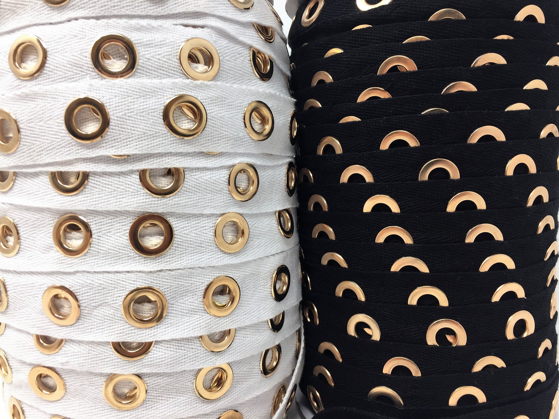 Black OR White Eyelet Gold Plated Cotton Twill Tape By Yard — ZipUpZipper