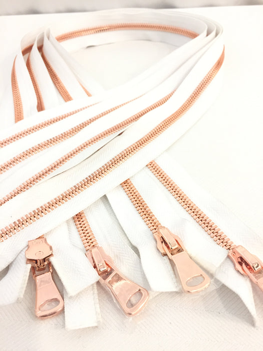Wholesale White Glossy Rose Gold Two-Way Separating Zipper in 5MM or 8MM Open Bottom - Choose Length - - ZipUpZipper