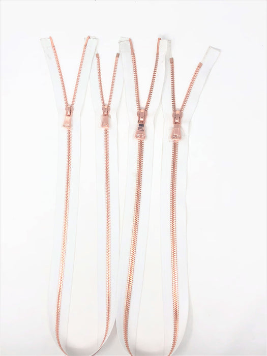 Wholesale White Glossy Rose Gold Two-Way Separating Zipper in 5MM or 8MM Open Bottom - Choose Length - - ZipUpZipper